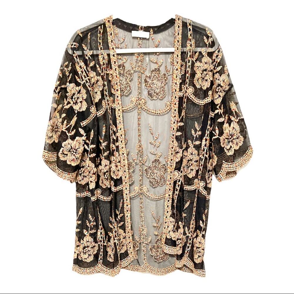 Altar’d State Sheer Black Floral Embroidered Rainbow Boho Kimono